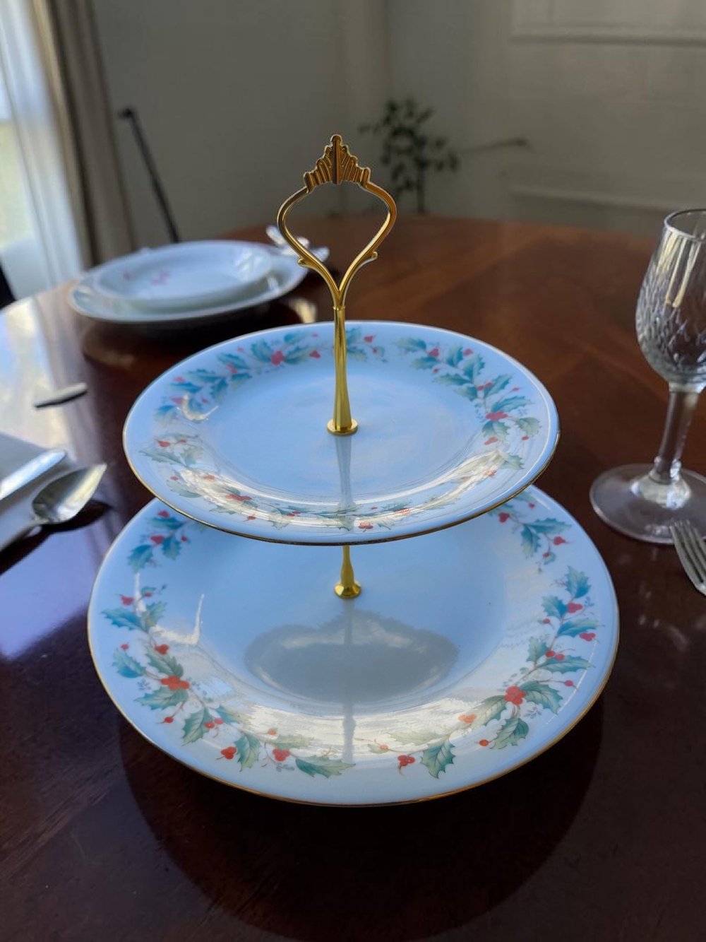Two-Tier White Holiday Floral Serving Stand with Gold Handle